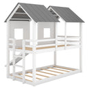 Twin Over Twin House Bunk Bed With Slide And Windows - White