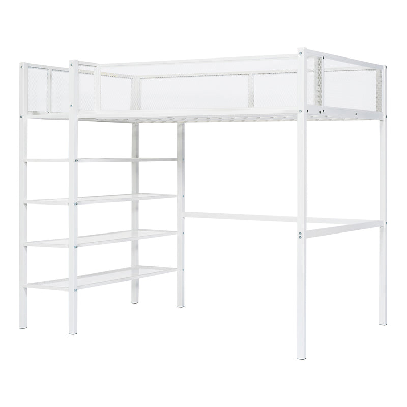 Twin Size Metal Loft Bed with 4-Tier Shelves and Storage, White