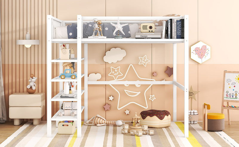 Loft Bed With 4 Tier Shelves And Storage