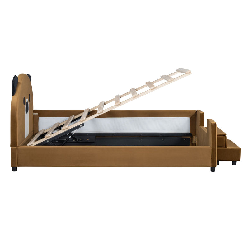 Upholstered Daybed With Bear Shaped Headboard, Hydraulic System And Breathable Mesh Fence