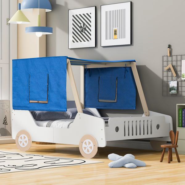 Full Size Car Shaped Bed with Tents,White+Natural