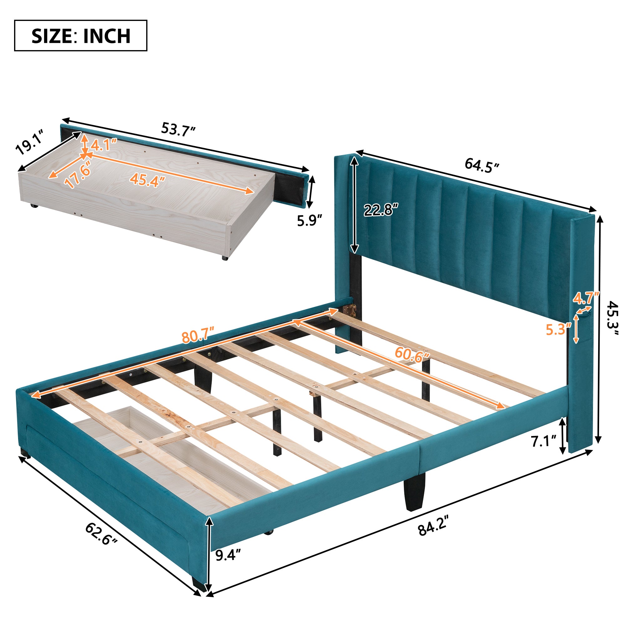 Queen Size Storage Bed Velvet Upholstered Platform Bed with a Big Drawer - Blue - Atlantic Fine Furniture Melbourne FL