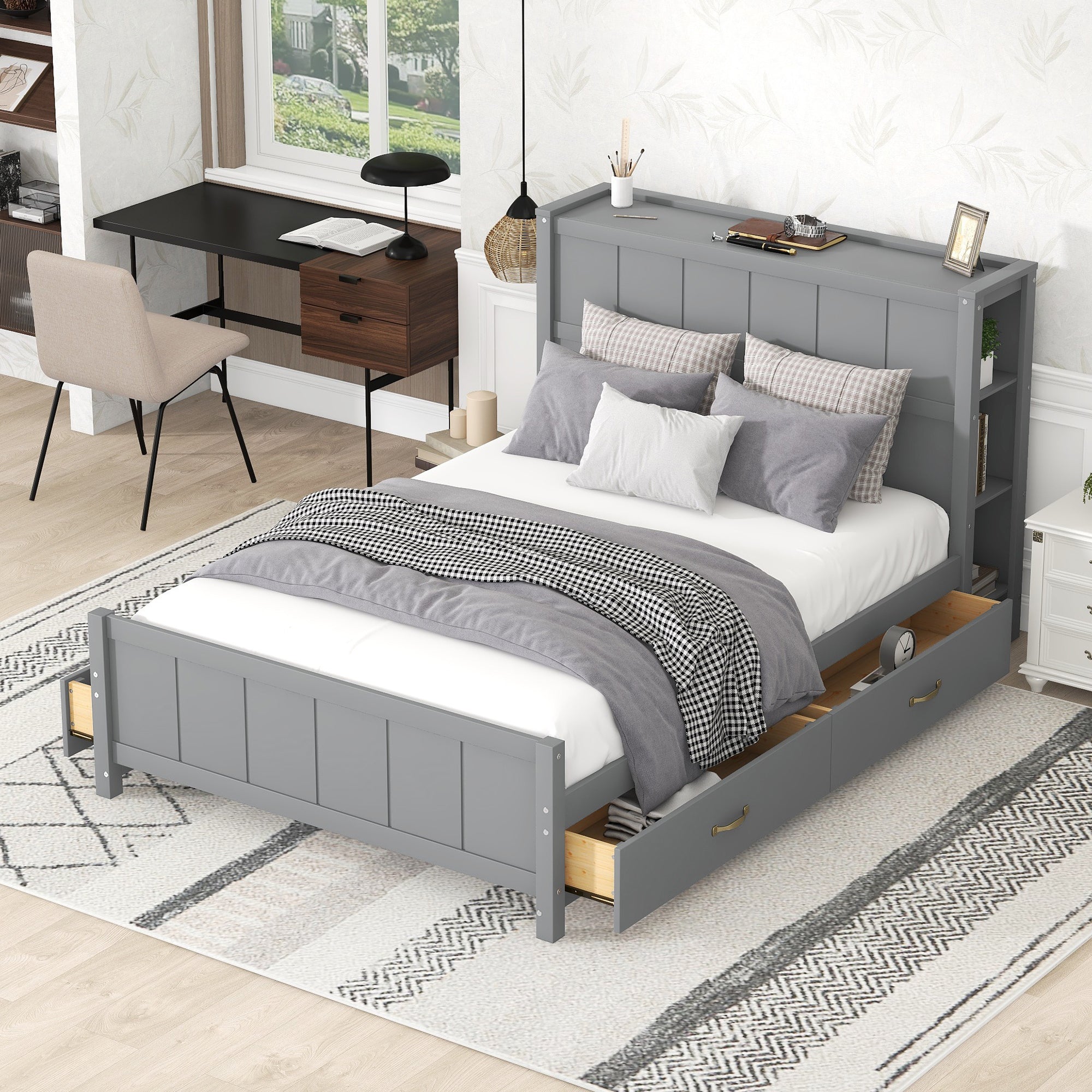Full Size Platform Bed with Drawers and Storage Shelves, Gray - Atlantic Fine Furniture Melbourne FL