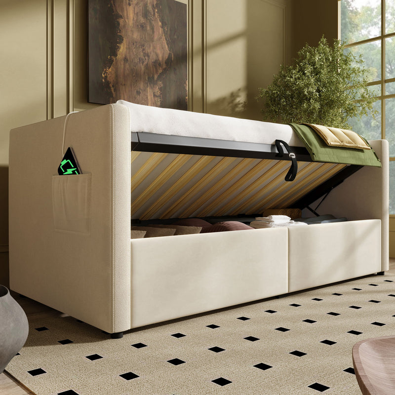 Upholstered Hydraulic Storage Daybed With USB & Type C Charging