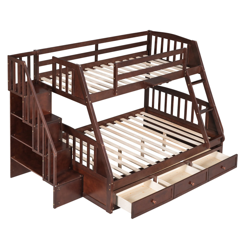 Twin-Over-Full Bunk Bed with Drawers，Ladder and Storage Staircase, Espresso