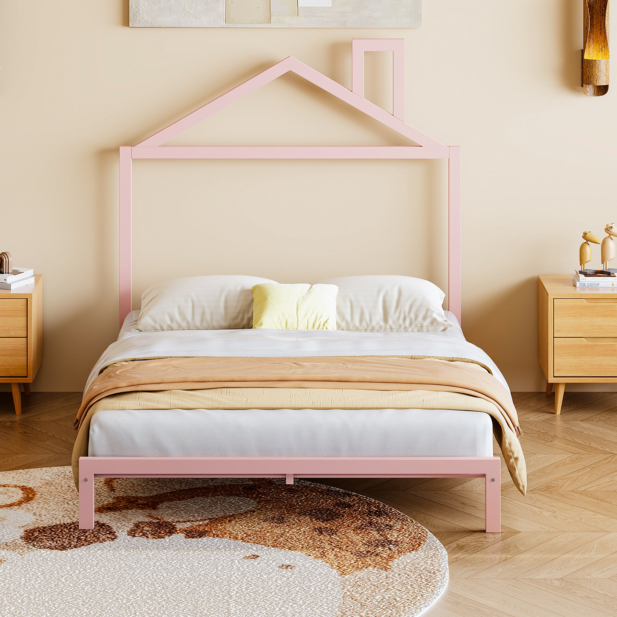Full Size Metal Platform Bed with House-Shaped Headboard Design, Pink