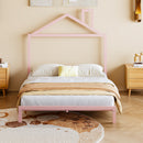 Full Size Metal Platform Bed with House-Shaped Headboard Design, Pink