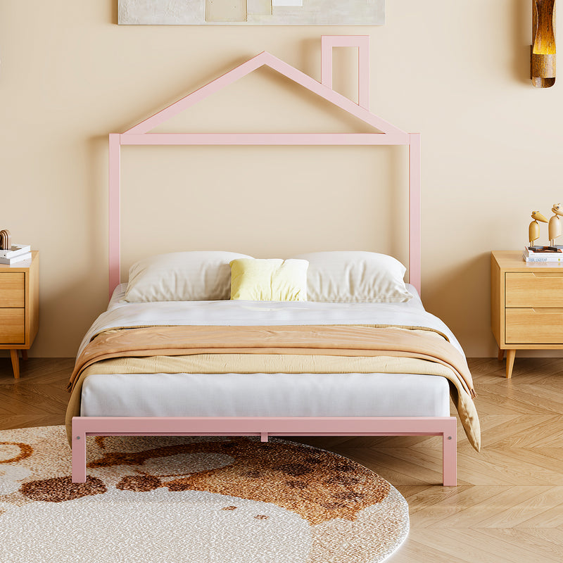 Full Size Metal Platform Bed with House-Shaped Headboard Design, Pink