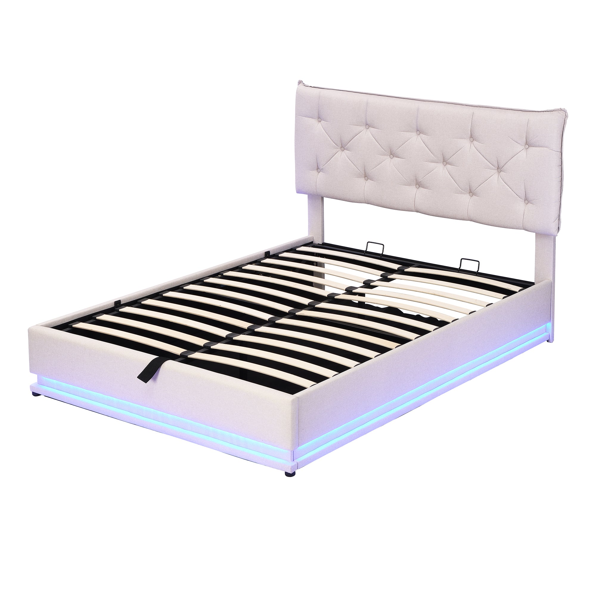 Full Size Upholstered Bed with Hydraulic Storage System and LED Light, Modern Platform Bed with Button-tufted Design Headboard, Beige - Atlantic Fine Furniture Melbourne FL