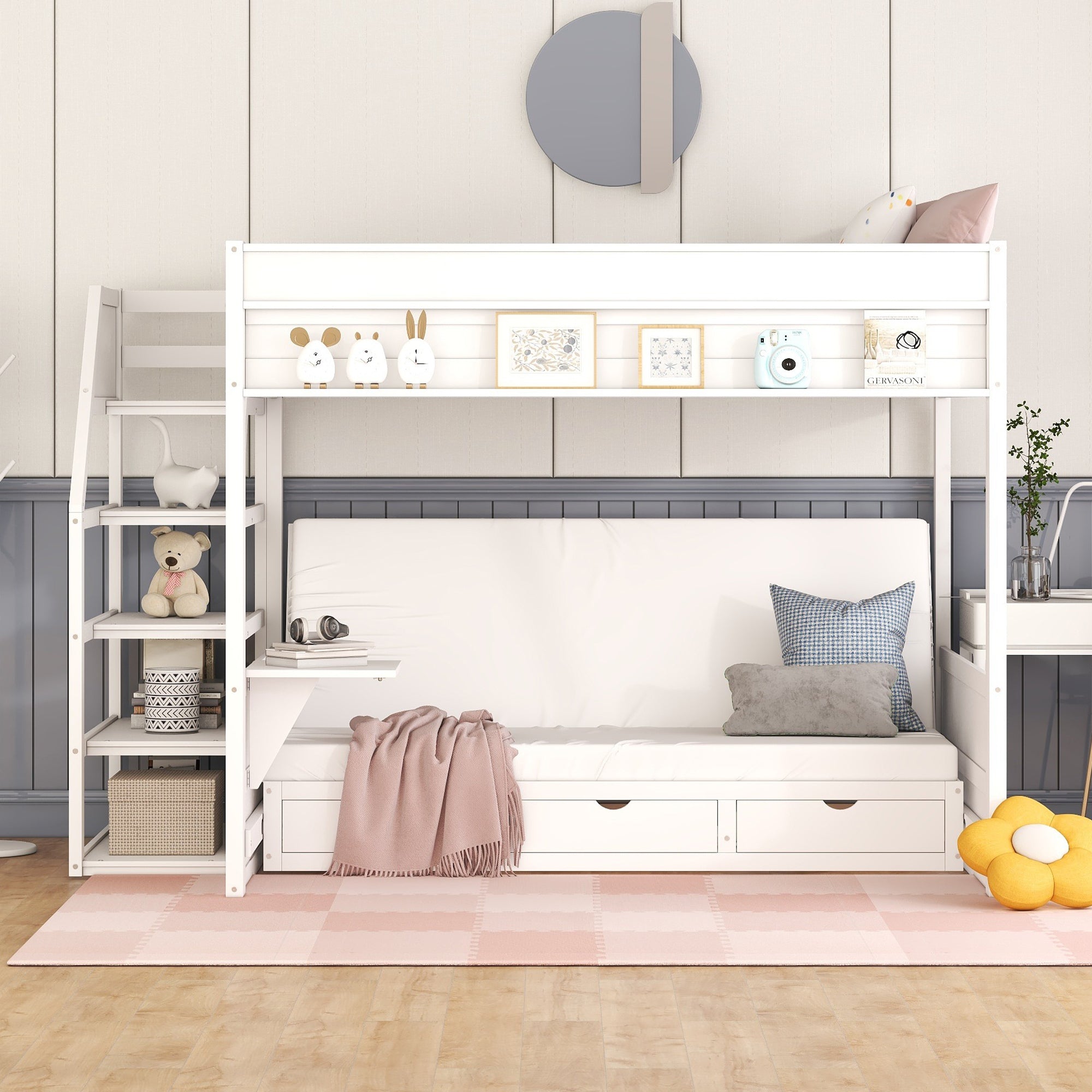 Wood Full Size Convertible Bunk Bed with Storage Staircase, Bedside Table, and 3 Drawers, White - Atlantic Fine Furniture Melbourne FL