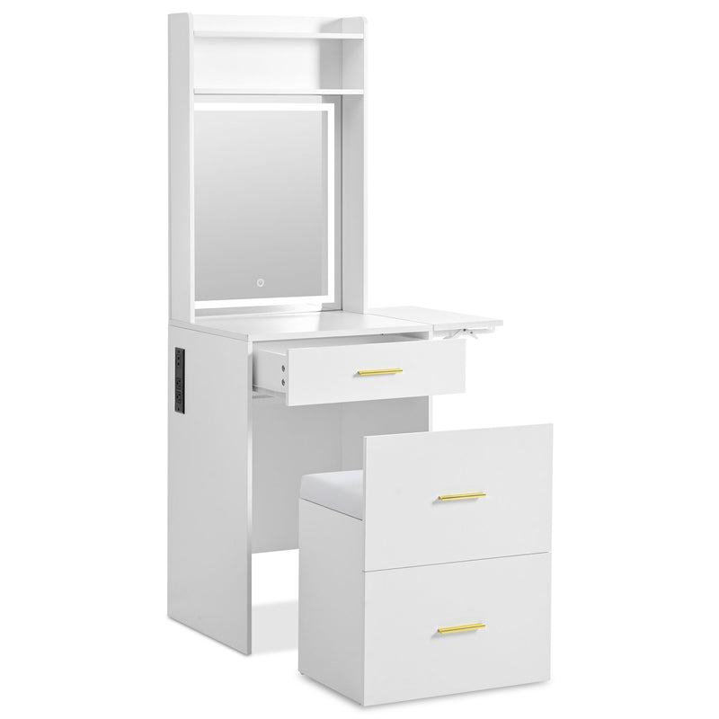Small Vanity Desk With Mirror And Light, Dressing Table With Charging Station & Fold Up Panel For Small Space, Compact Makeup Vanity Set With Hidden Stool For Bedroom - White
