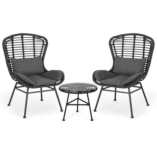 Cowan - Outdoor Wicker And Glass 3 Piece Chat Set With Cushions - Gray
