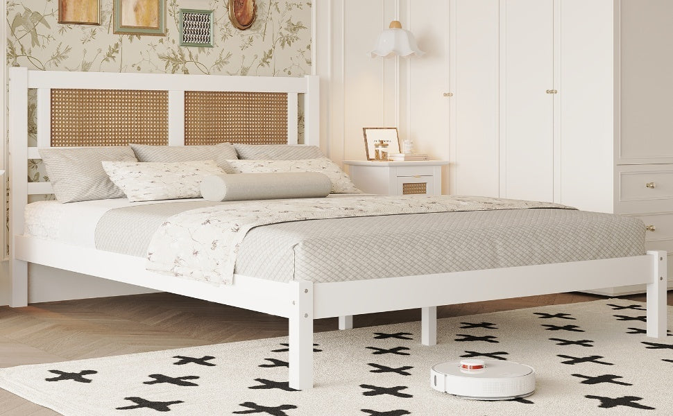Queen Size Wood Platform Bed with Natural Rattan Headboard,Exquisite Elegance with Minimalist Charm for Bedroom,White - Atlantic Fine Furniture Melbourne FL