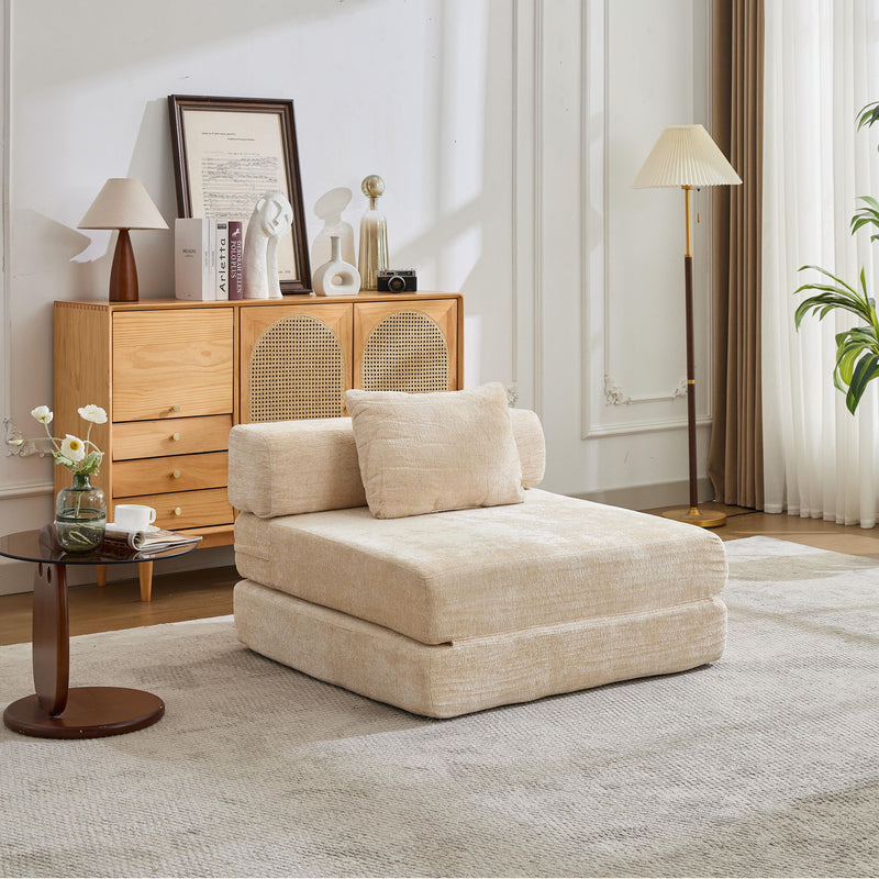 Convertible Floor Sofa Bed With Fixed Shape Frame For Living Room - Beige