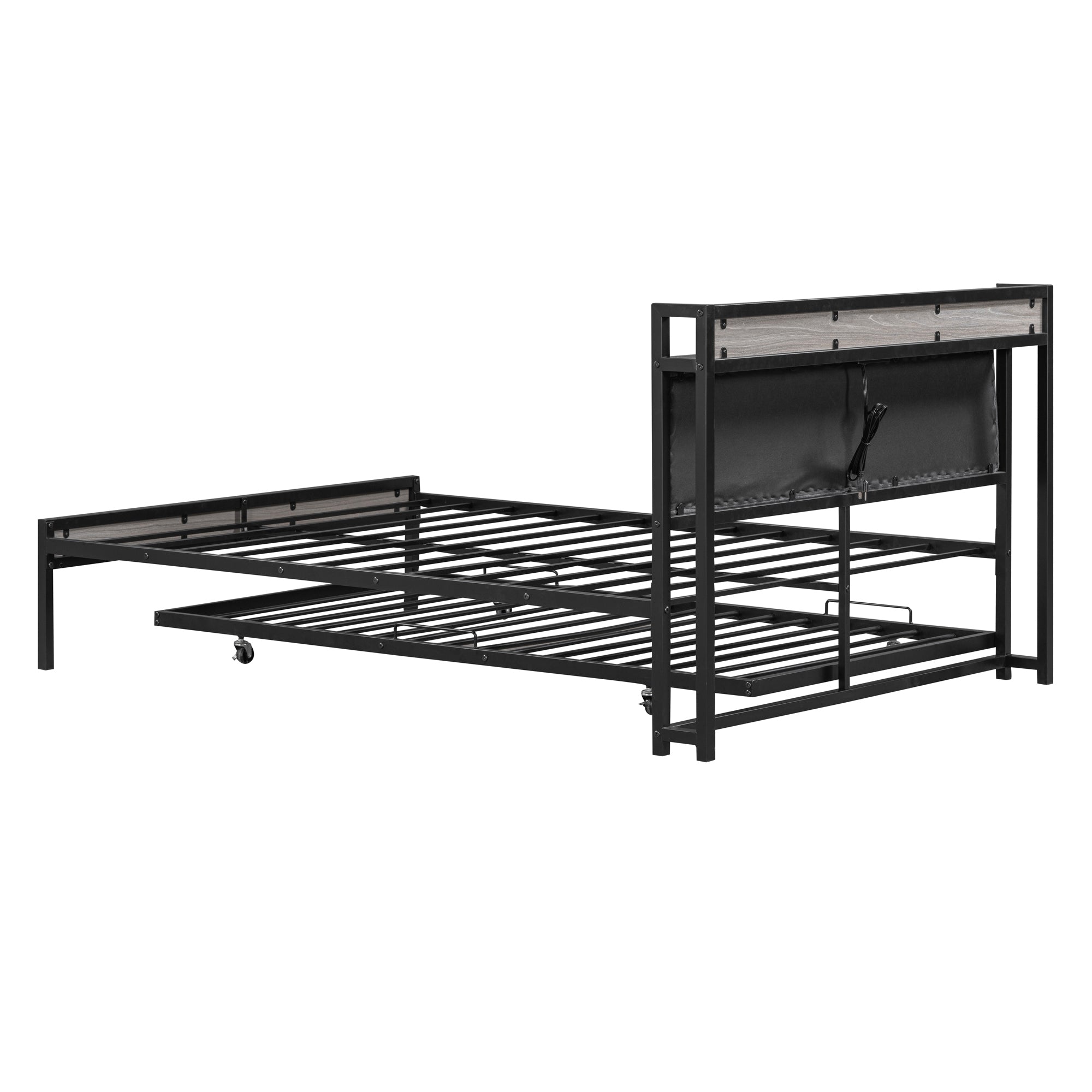 Full Size Metal Platform Bed Frame with Twin size trundle, Upholstered headboard, Sockets, USB Ports and Slat Support, No Box Spring Needed, Black