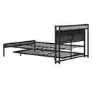 Full Size Metal Platform Bed Frame with Twin size trundle, Upholstered headboard, Sockets, USB Ports and Slat Support, No Box Spring Needed, Black
