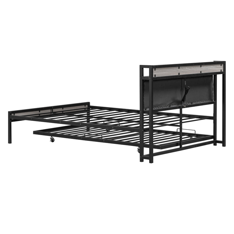 Full Size Metal Platform Bed Frame with Twin size trundle, Upholstered headboard, Sockets, USB Ports and Slat Support, No Box Spring Needed, Black