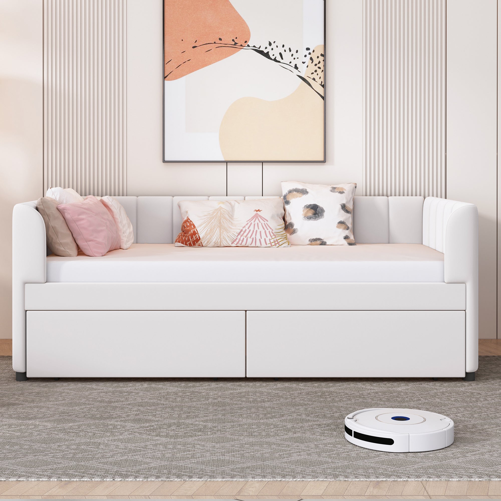 Twin Size Upholstered Daybed with Ergonomic Design Backrest and 2 Drawers, Beige - Atlantic Fine Furniture Melbourne FL