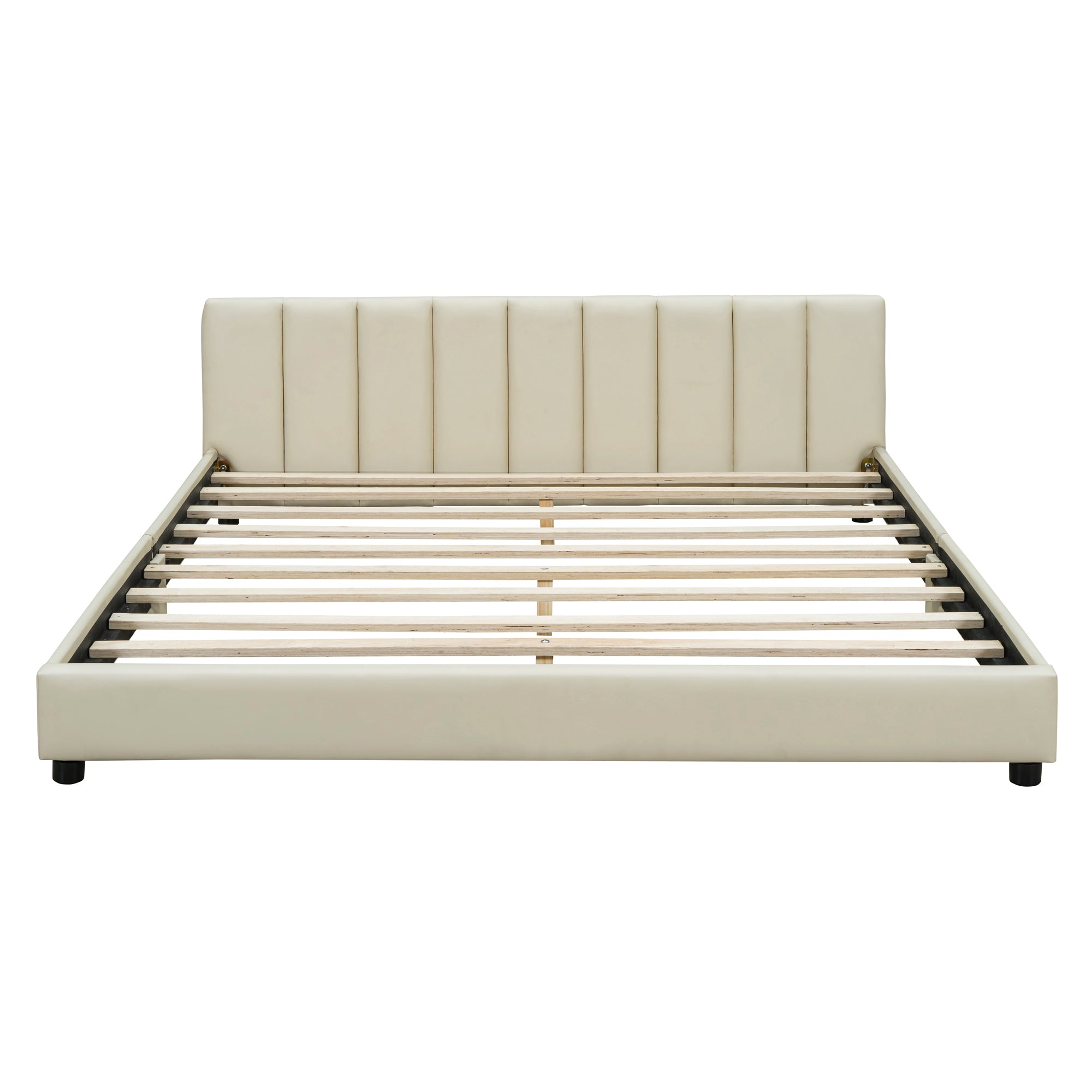 Queen Size & Twin XL Size Upholstered Platform Bed, Mother & Child Bed, PU Leather, Beige - Atlantic Fine Furniture Melbourne FL