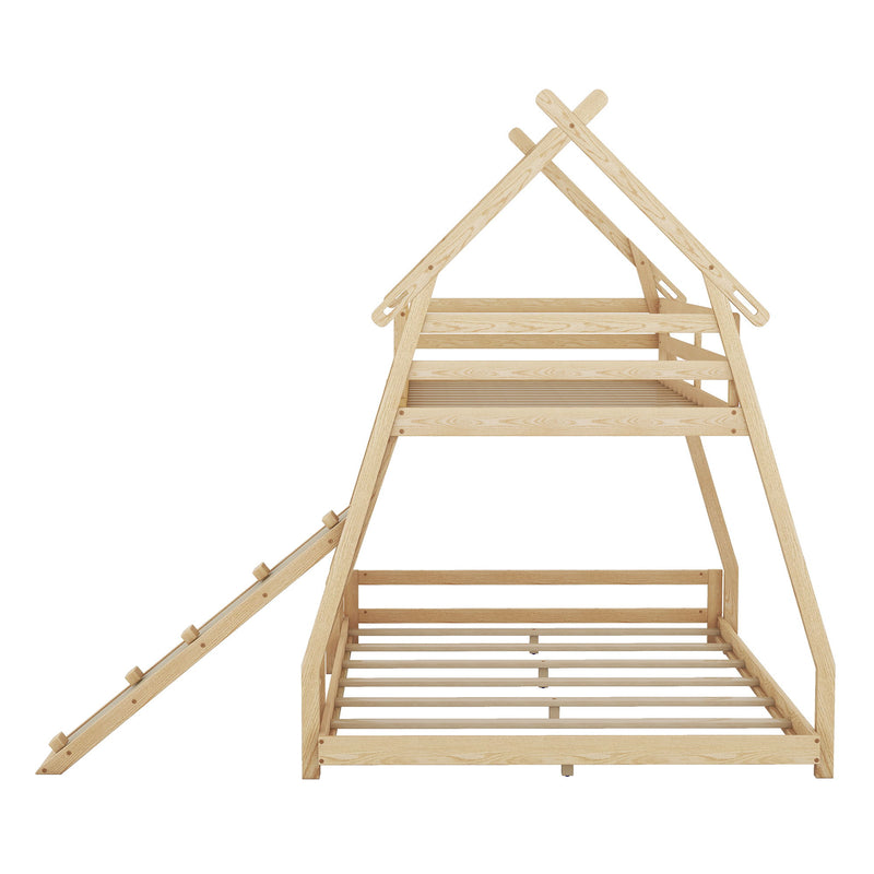 Twin Over Queen House Bunk Bed With Climbing Nets And Climbing Ramp