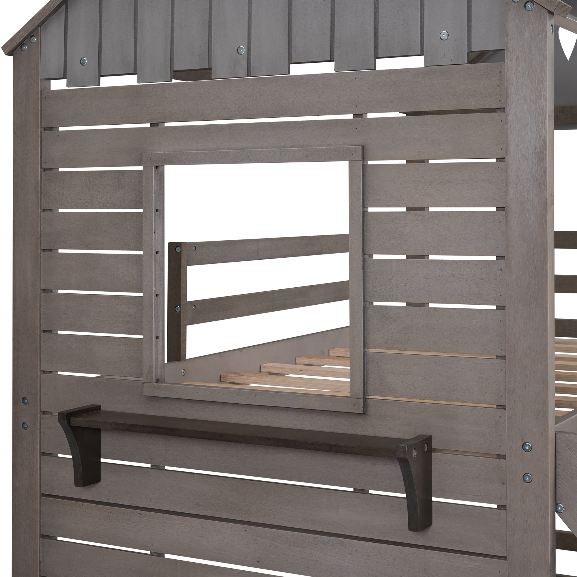 Twin Over Twin Bunk Bed Wood Bed with Roof, Window, Slide, Ladder ,Antique Gray(OLD SKU:LP000059AAE) - Atlantic Fine Furniture Melbourne FL