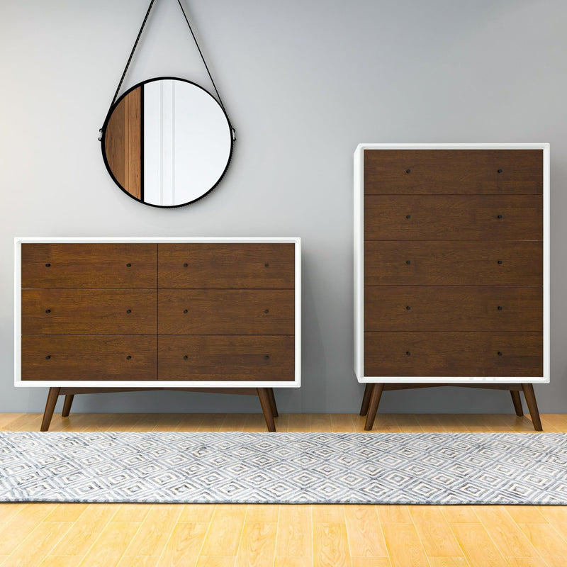 Mid-Century Modern White Dresser 6 Drawer - Dark Brown / White