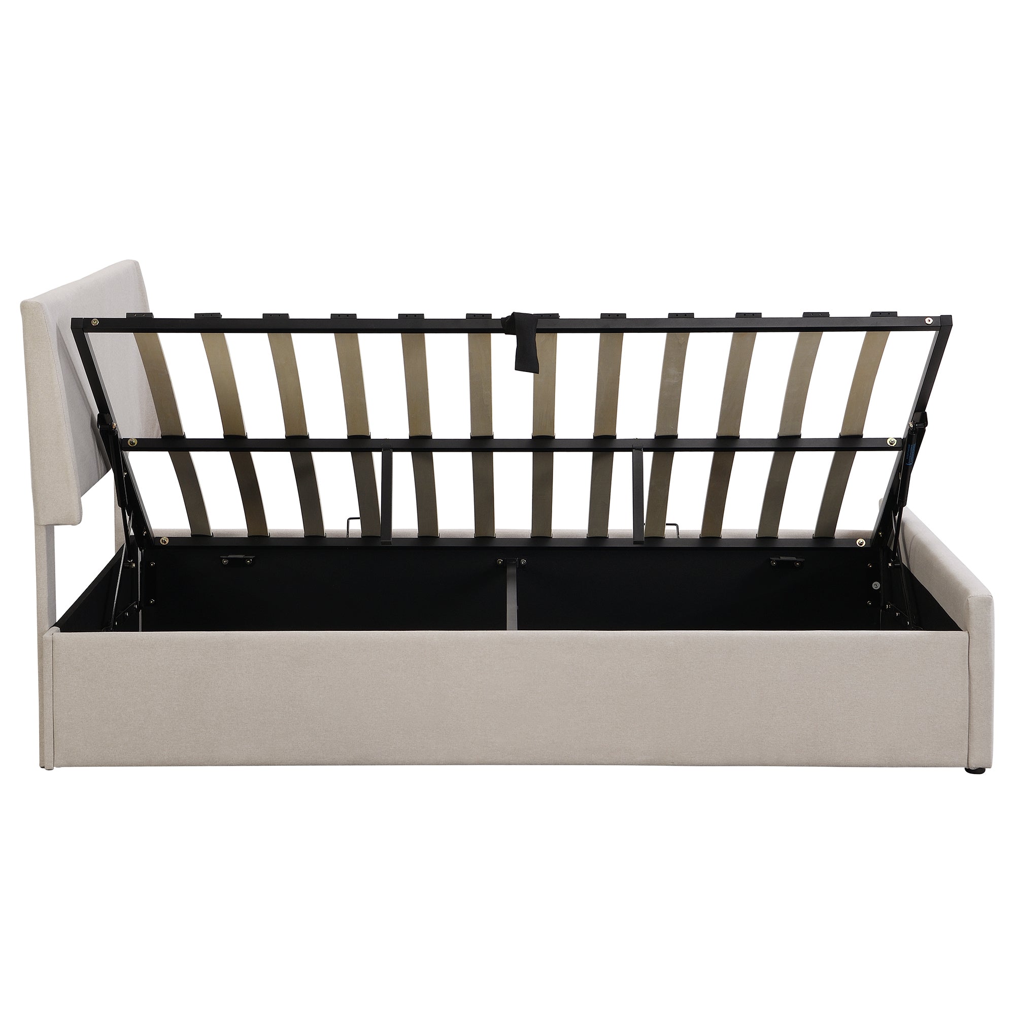 Full Size Sleigh Bed with Side-Tilt Hydraulic Storage System, Linen Upholstery, Beige - Atlantic Fine Furniture Melbourne FL
