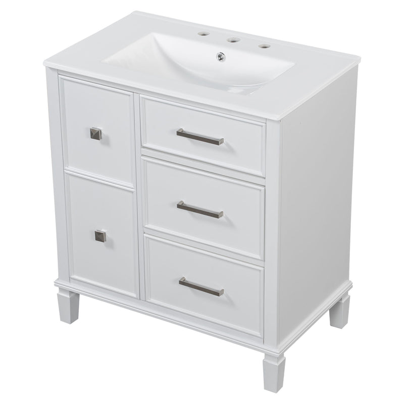Bathroom Vanity With Ceramic Sink, Flip Out Drawer Design For Plumbing, Soft Close Drawers