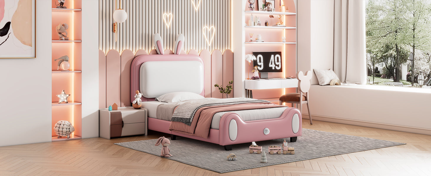 Twin size Upholstered Rabbit-Shape Princess Bed ,Twin Size Platform Bed with Headboard and Footboard,White+Pink