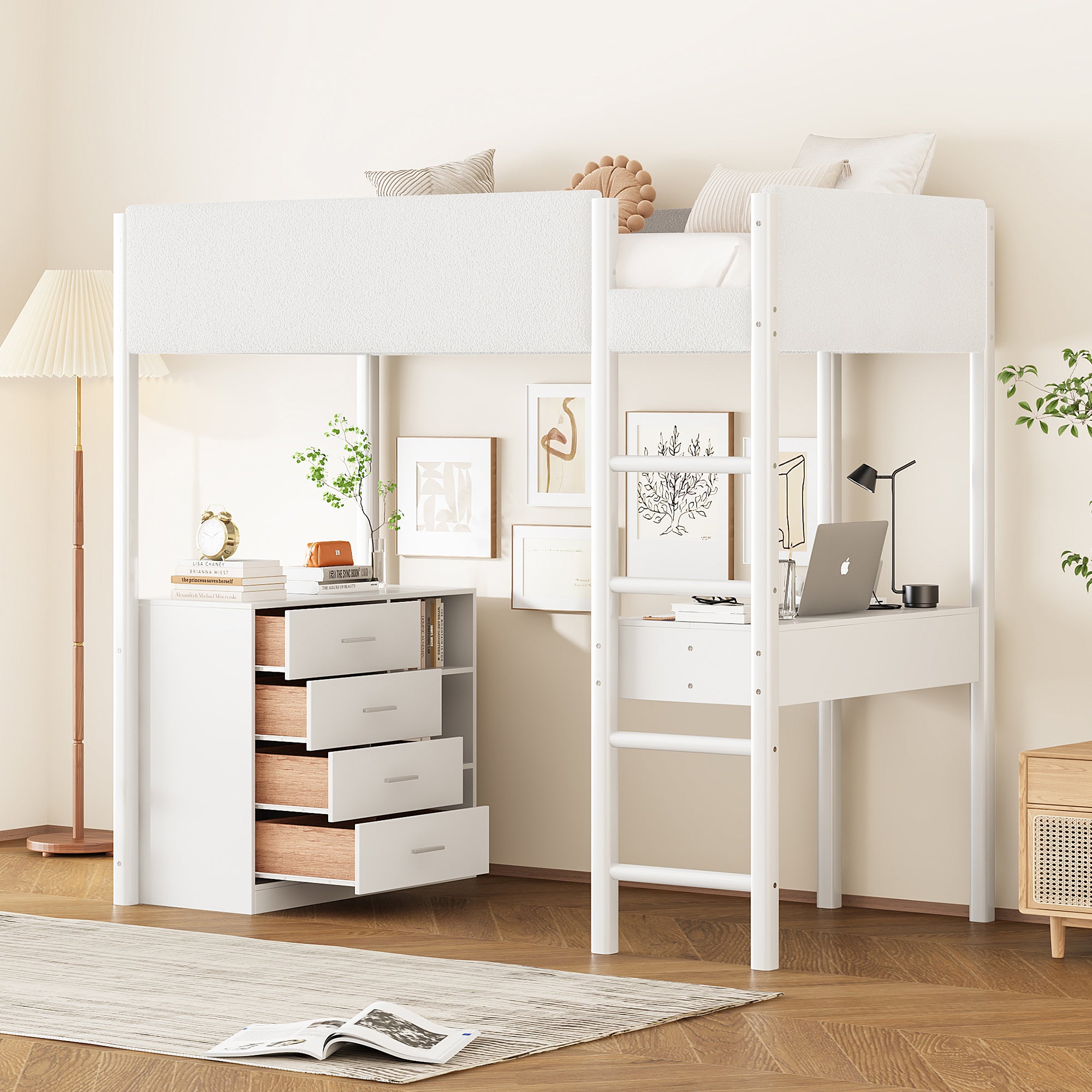 Twin Size Teddy FleeceLoft Bed Wood Bed, White - Atlantic Fine Furniture Melbourne FL