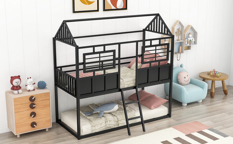 Twin over Twin Size Metal Low Bunk Beds with Roof and Fence-shaped Guardrail, Black