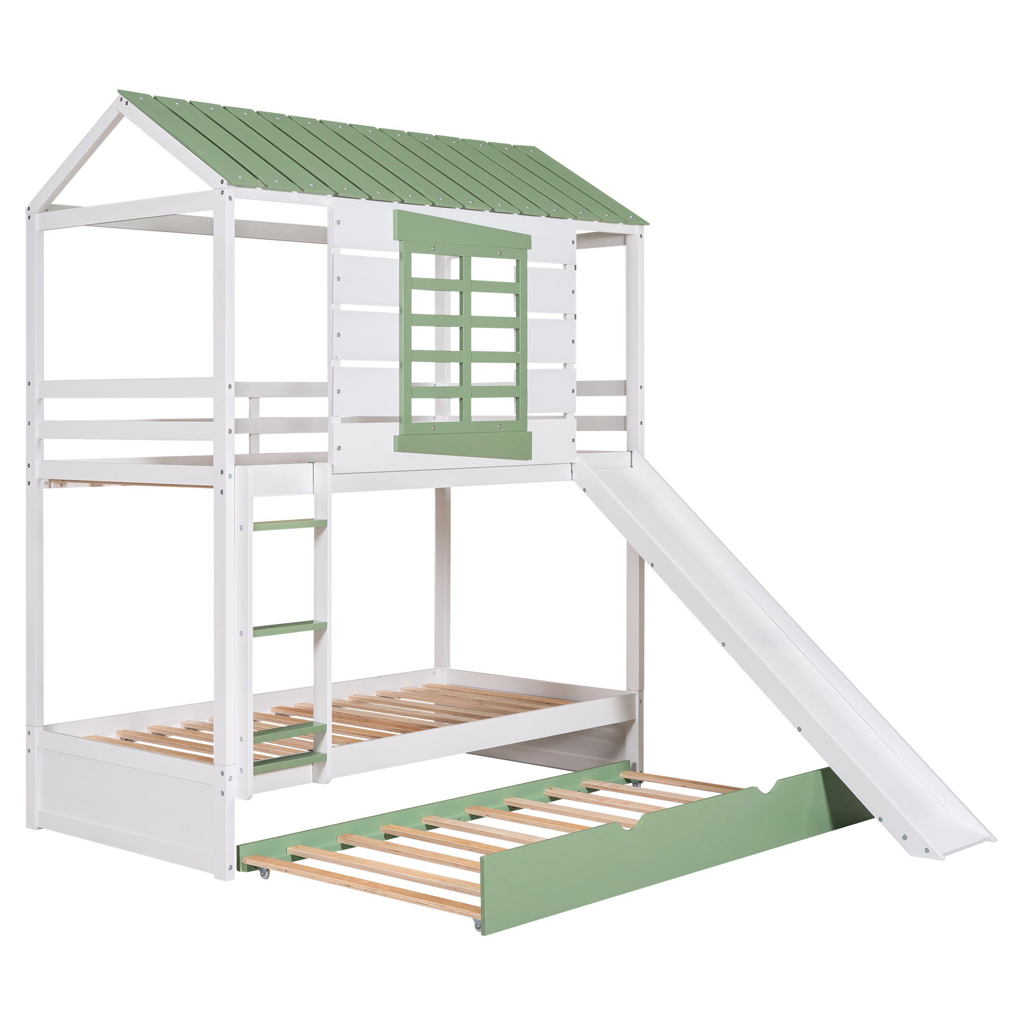 Twin over Twin Size House Bunk Bed with Convertible Slide and Trundle, White+Green - Atlantic Fine Furniture Melbourne FL