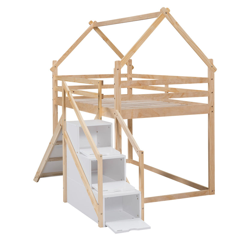 Twin Over Twin House Loft Or Bunk Bed With Slide And Staircase