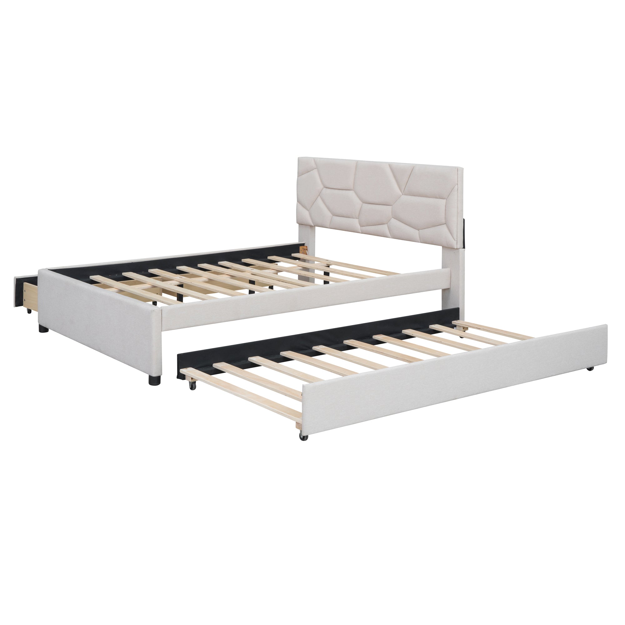 Full Size Upholstered Platform Bed with Brick Pattern Headboard, with Twin Size Trundle and 2 Drawers, Linen Fabric, Beige - Atlantic Fine Furniture Melbourne FL