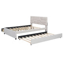 Full Size Upholstered Platform Bed with Brick Pattern Headboard, with Twin Size Trundle and 2 Drawers, Linen Fabric, Beige