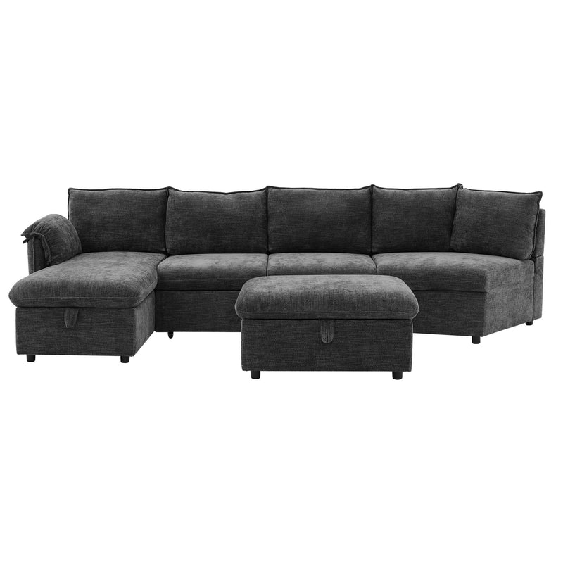 L-Shaped Sofa Sectional Sofa Couch Pull-Out Sofa Bed With A Movable Storage Ottoman, A Storage Chaise Lounge And Two USB Ports For Living Room