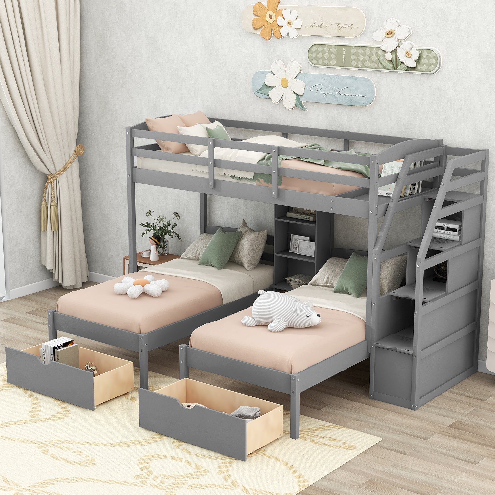 Twin over Twin&Twin Bunk Bed, Triple Bunk Bed with Drawers, Staircase with Storage, Built-in Shelves, Gray - Atlantic Fine Furniture Melbourne FL