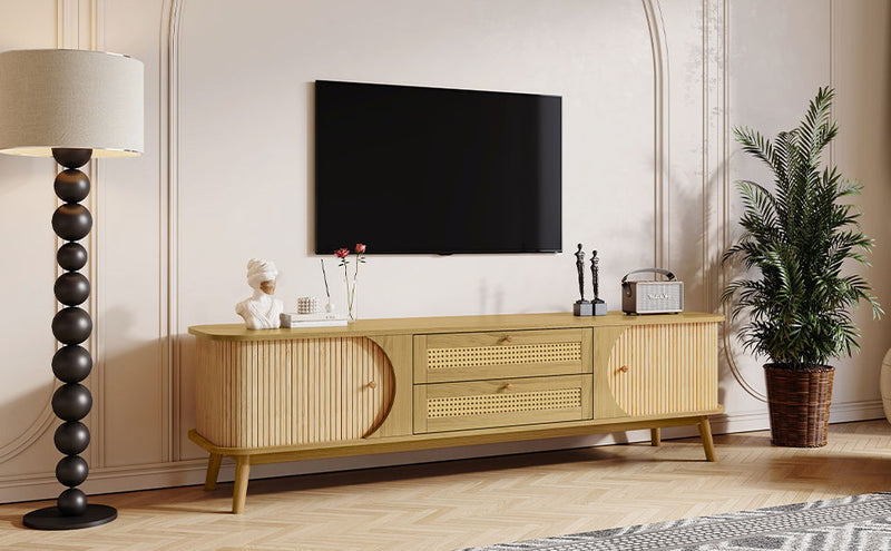 Rattan TV Stand For Tvs Up To 75'', Modern Farmhouse Media Console, Entertainment Center With Legs, TV Cabinet For Living Room, Home Theatre - Natural Wood