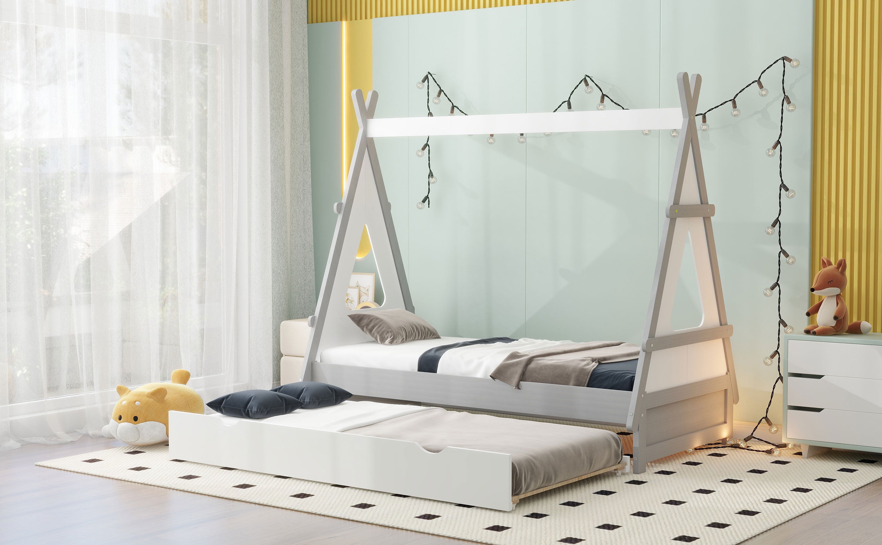 Twin Size Tent Floor Bed with Pull-out Twin Size Trundle, White - Atlantic Fine Furniture Melbourne FL