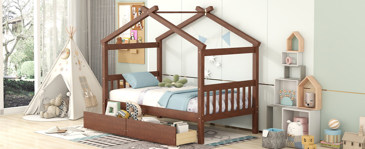 Twin Size Wooden House Bed with Drawers, Walnut - Atlantic Fine Furniture Melbourne FL