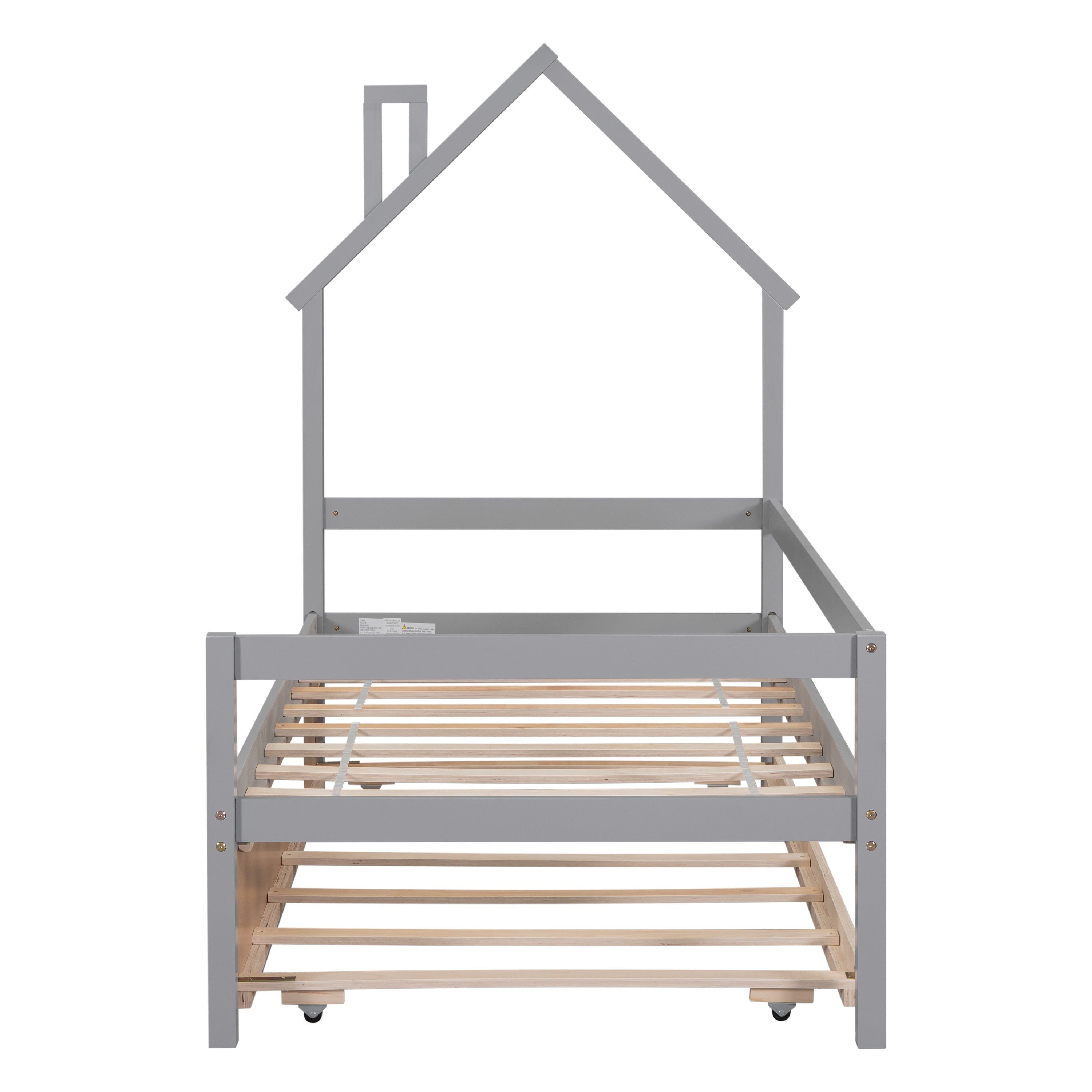 Twin House Wooden Daybed with trundle, Twin House-Shaped Headboard  bed with Guardrails,Grey