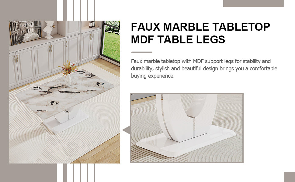 Table and chair set, modern minimalism and luxurious white rectangular pattern dining table.  Soft and comfortable dining chair, for dining room, living room, terrace and kitchen.