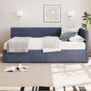 L-Shape Corner Bed, Corduroy Upholstered Daybed With 2 Storage Drawers And Vertical Striped Design