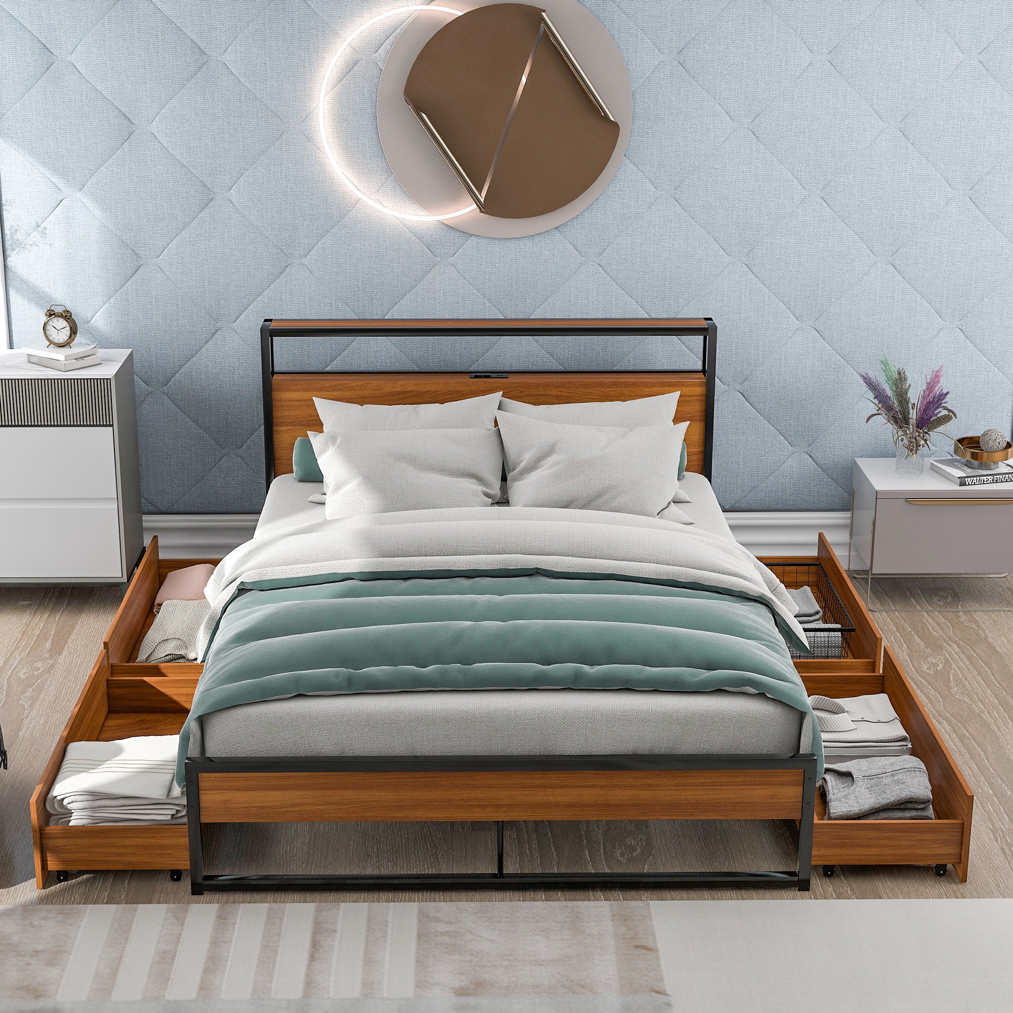 Queen Size Metal Platform Bed Frame with Four Drawers,Sockets and USB Ports ,Slat Support No Box Spring Needed Black - Atlantic Fine Furniture Melbourne FL