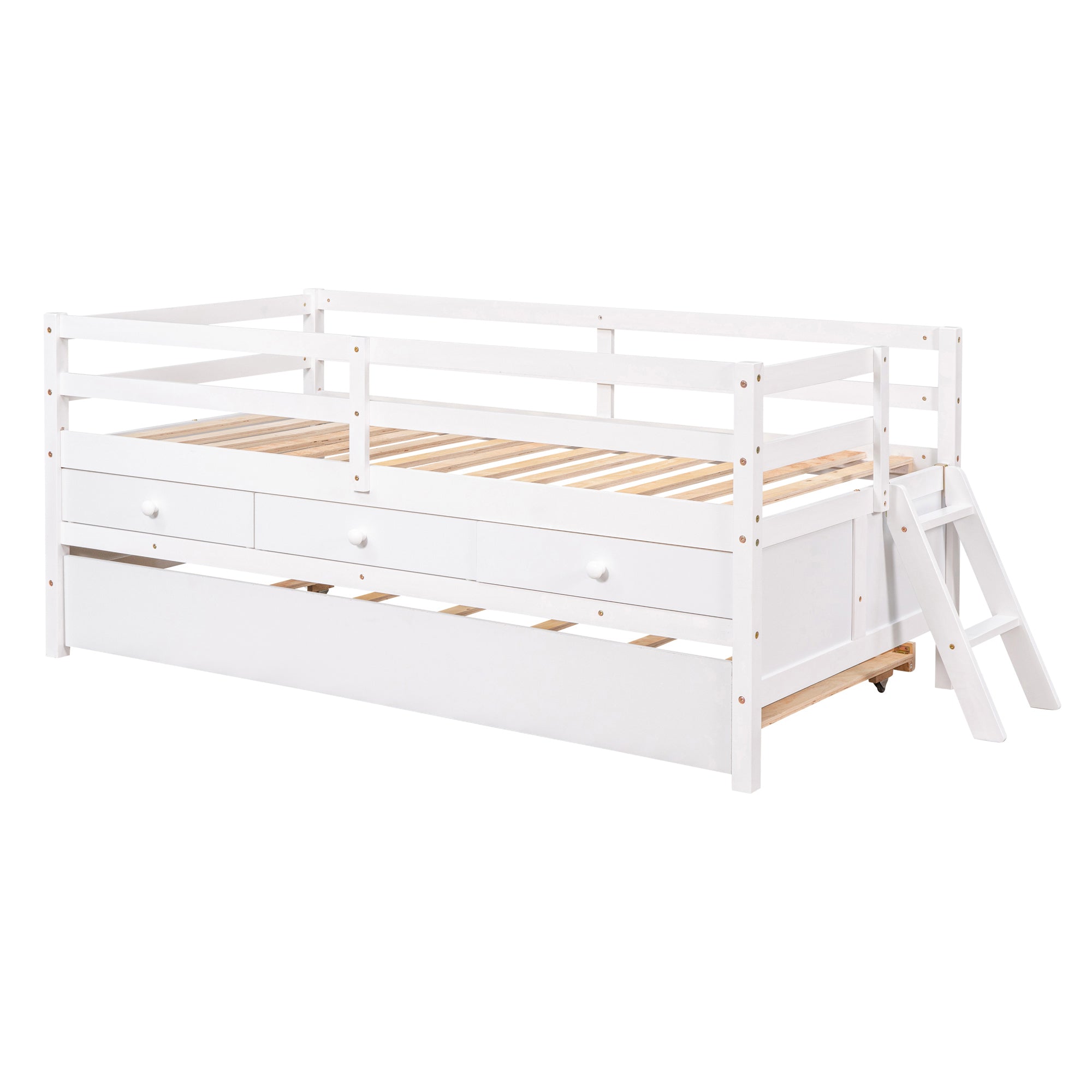 Low Loft Bed Twin Size with Full Safety Fence, Climbing ladder, Storage Drawers and Trundle White Solid Wood Bed - Atlantic Fine Furniture Melbourne FL