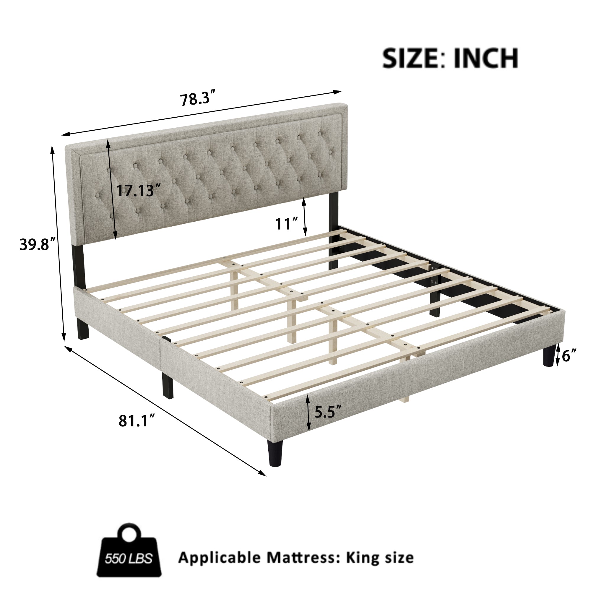 King size Panel Bed Frame with Adjustable Button-Tufted Headboard for Bedroom/Linen Upholstered/Wood Slat Support/Easy Assembly,Linen Beige