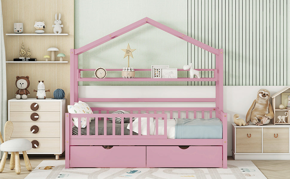 Wooden Twin Size House Bed with 2 Drawers,Kids Bed with Storage Shelf, Pink - Atlantic Fine Furniture Melbourne FL