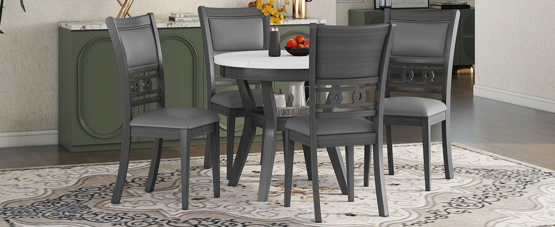 5 Piece Dining Round Table Set With One Faux Marble Top Dining Table And Four Pu-Leather Chairs - Gray