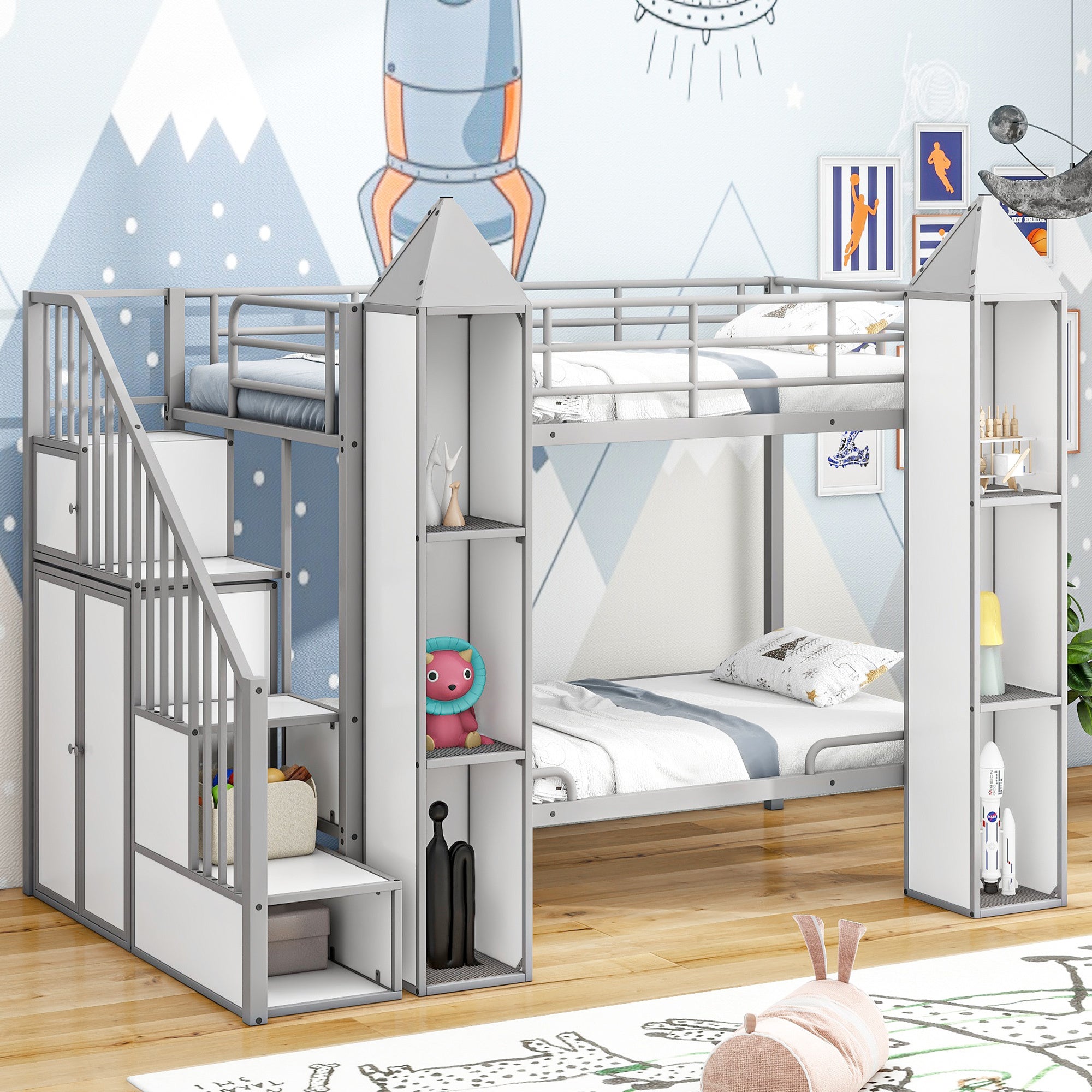 Metal Twin over Twin Castle-shaped Bunk Bed with Wardrobe and Multiple Storage, Gray+White - Atlantic Fine Furniture Melbourne FL