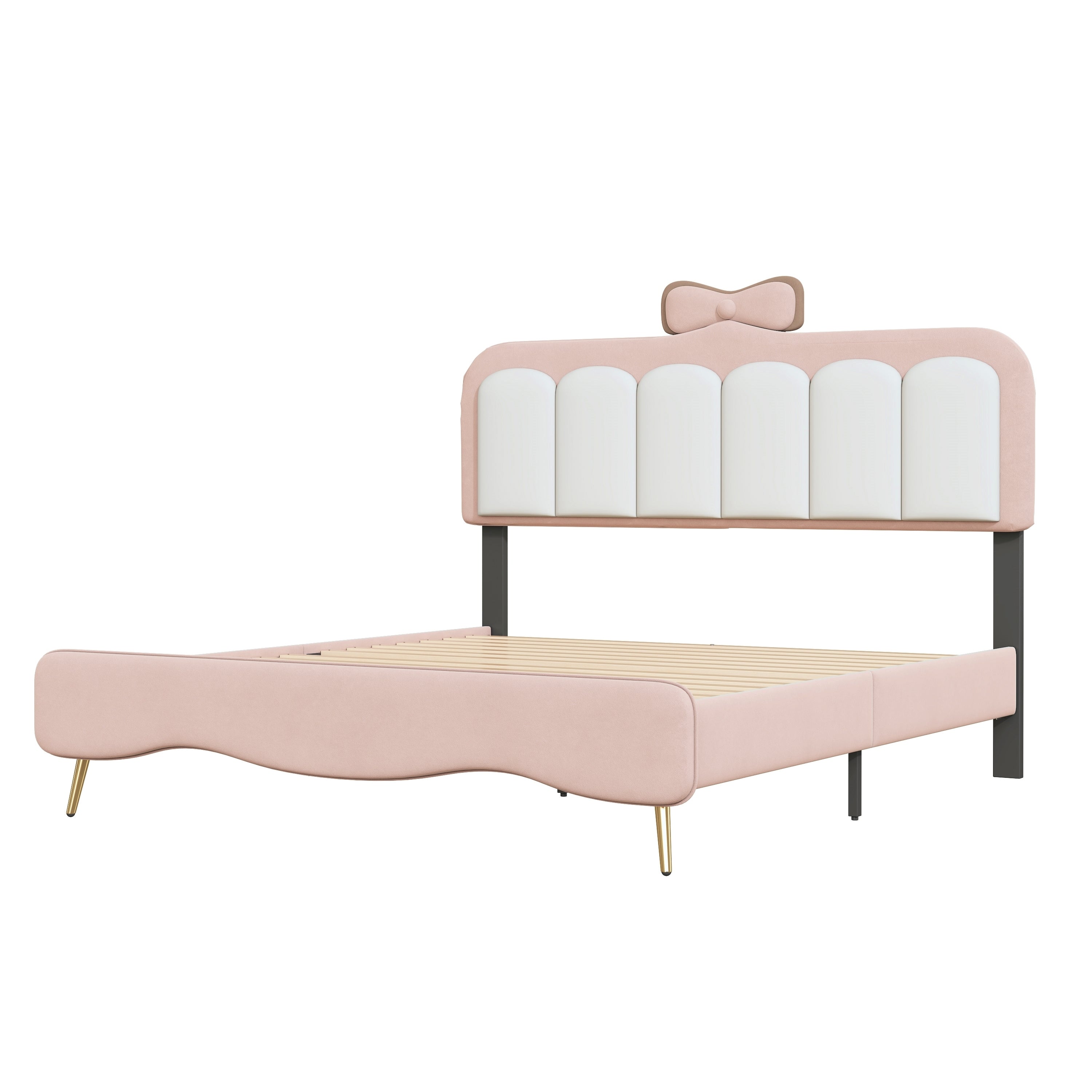 Full size Velvet Princess Bed With bow-knot Headboard,Full Size Platform Bed with Headboard and Footboard,White+Pink